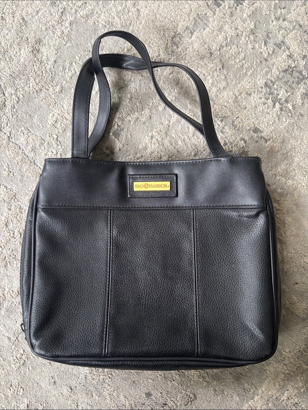 Vintage Sag Harbor Black Pebbled Leather Tote with Gold Logo Plaque
